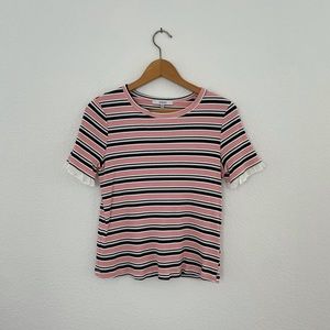 Striped and Ribbed T Shirt with Ruffle Sleeves